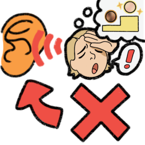 an ear listening to a white woman dramatically exclaim while thinking about racism, which is represented by a darker blob on a low pedestal, and a lighter blob on a high pedestal. A red arrow and X points to the ear, to show the act of hearing.